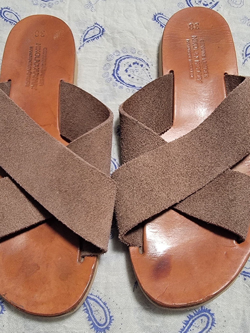 Crisscross Suede Slide Sandals in Brown - Premium Leather Footbed